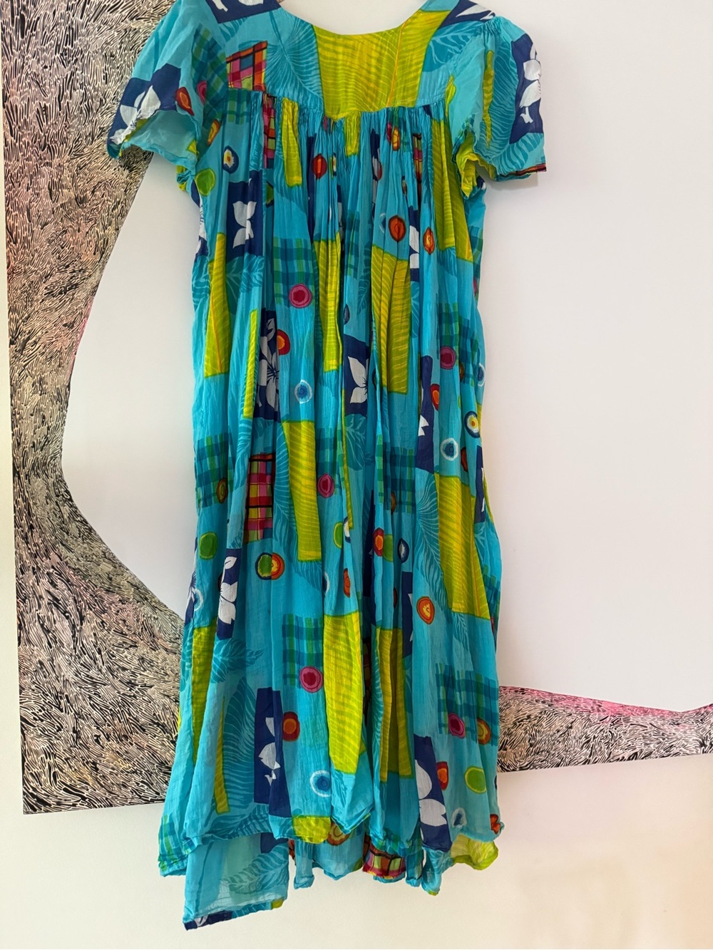 Sita made in Nepal Cotton Bright Turquoise Lime Patterned Midi House Sun Dress S